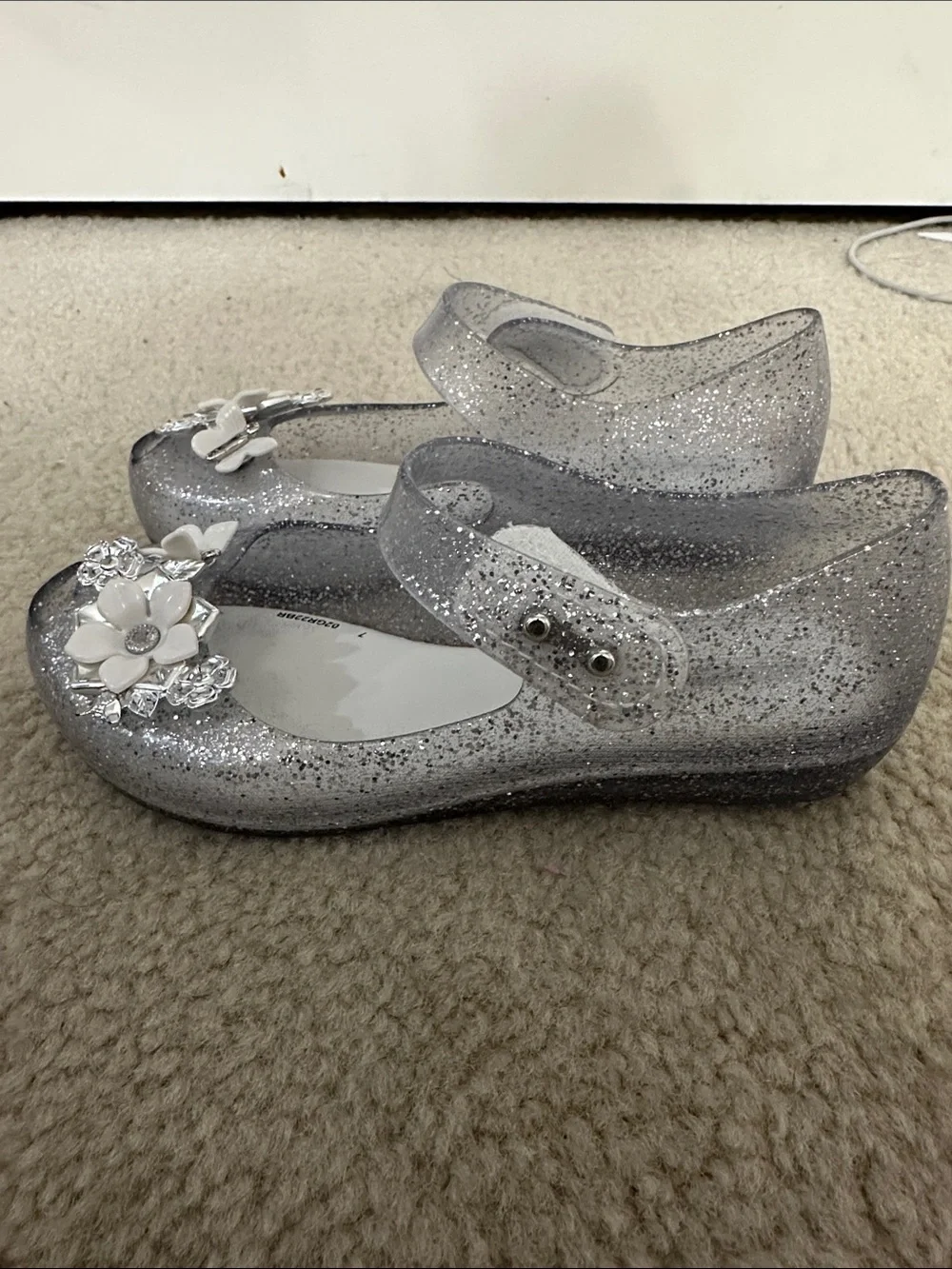 Mini Melissa Silver Glitter Floral Mary Jane Shoes with Jewel Accents